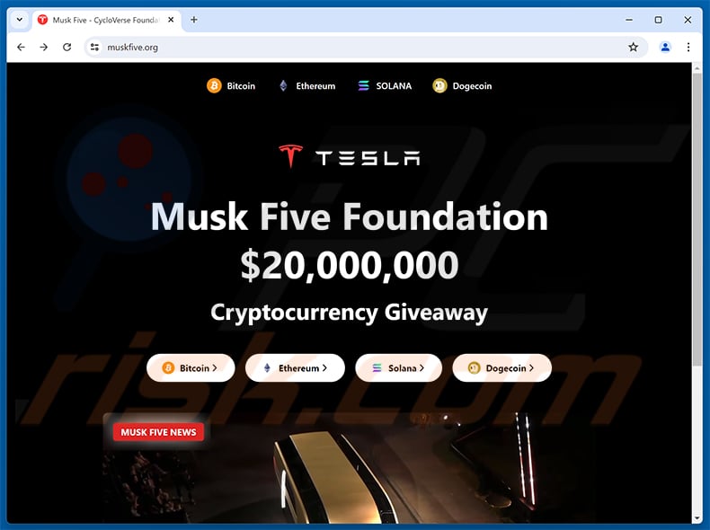 Tesla Foundation Giveaway scam website (muskfive[.]org)