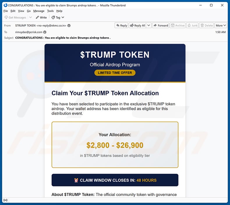 $TRUMP Airdrop scam email