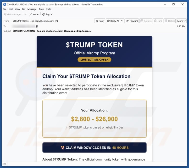 Trump Token Airdrop email spam campaign
