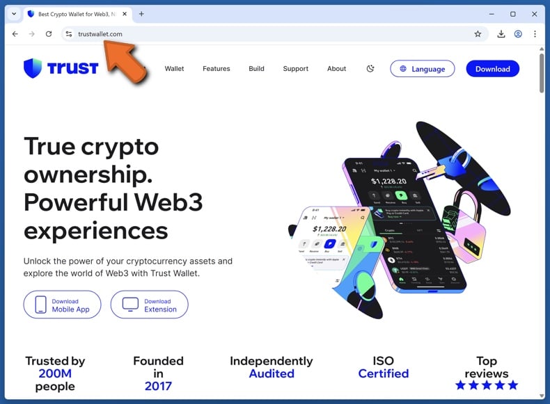 Appearance of the real Trust Wallet website (trustwallet.com)
