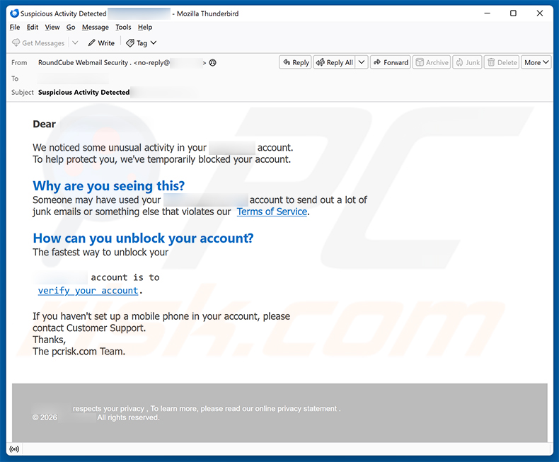 Unusual Activities In Your Account email scam (2026-01-08)