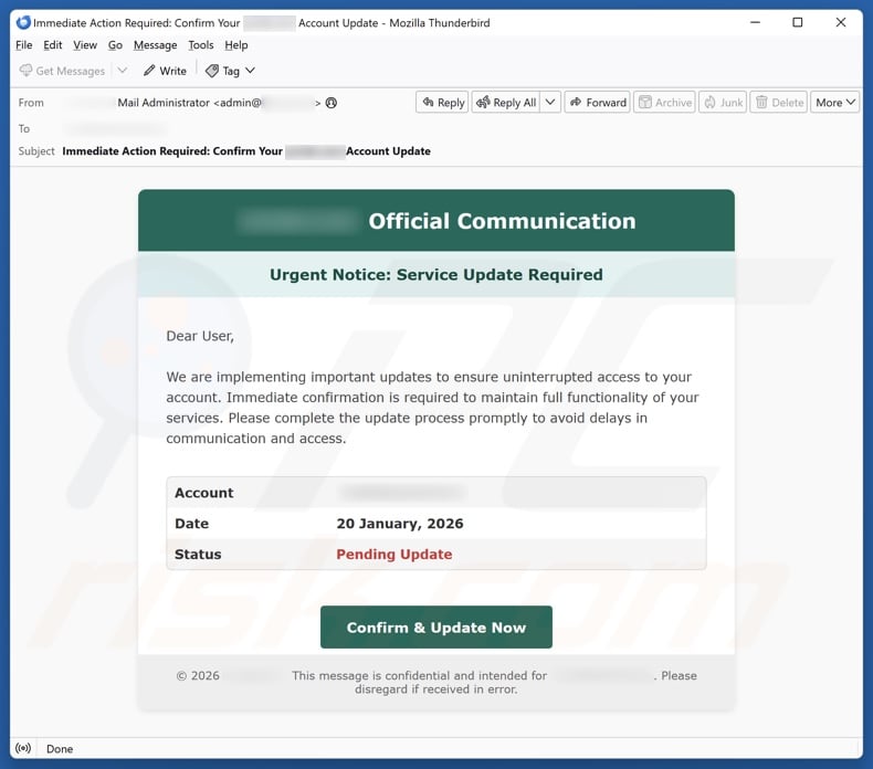 Urgent Notice - Service Update Required email spam campaign