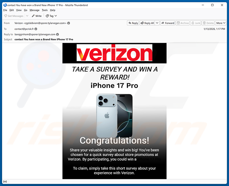 Spam email promoting Verizon reward scam website (2026-01-14)