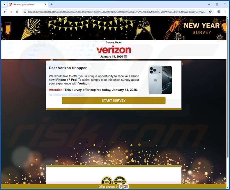 Verizon survey reward scam website (kikane.myridianprizes[.]com)