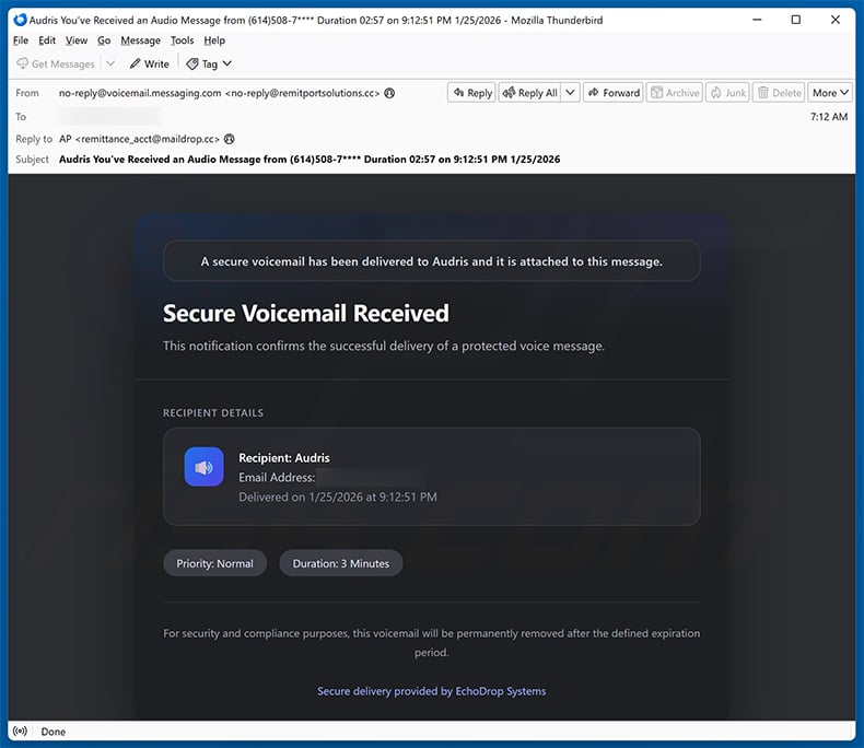Voicemail Message Received email scam (2026-01-26)