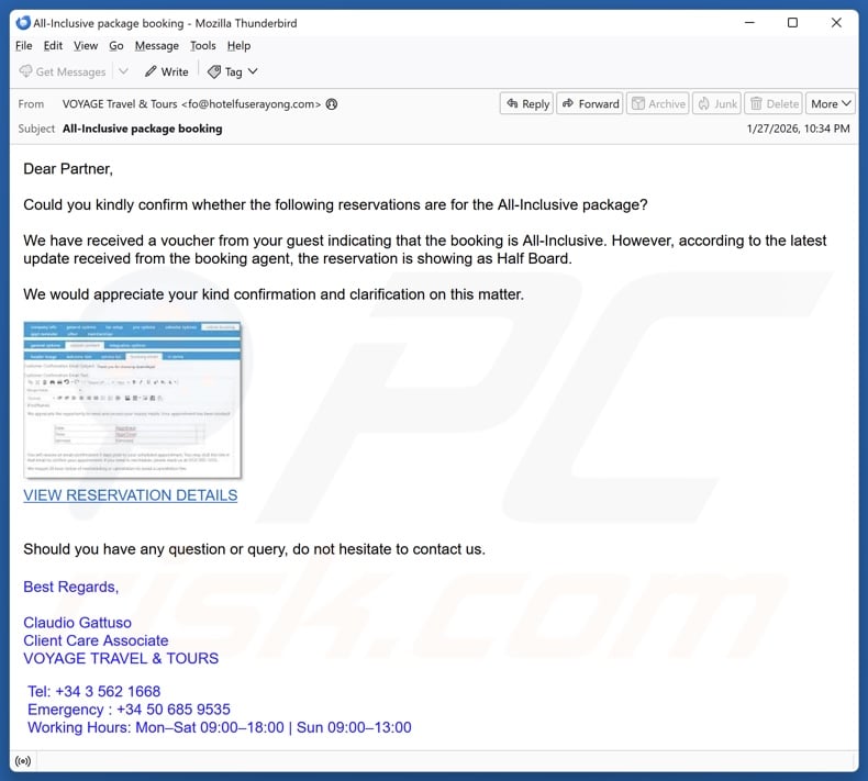 Voyage Travels & Tours Reservation malspam