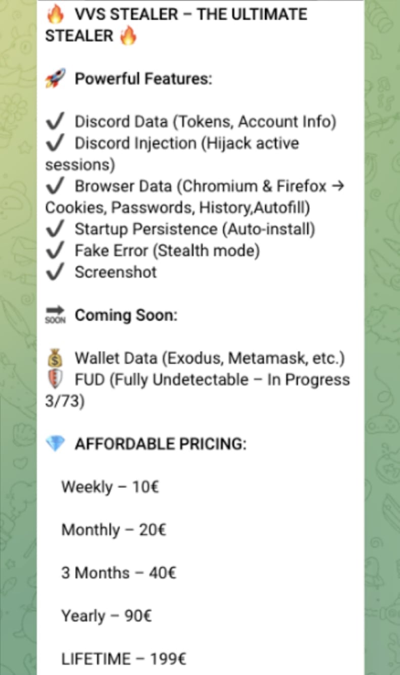 VVS stealer promoted on Telegram
