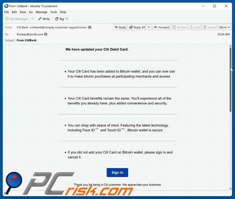 We Have Updated Your Citi Debit Card Email Scam appearance