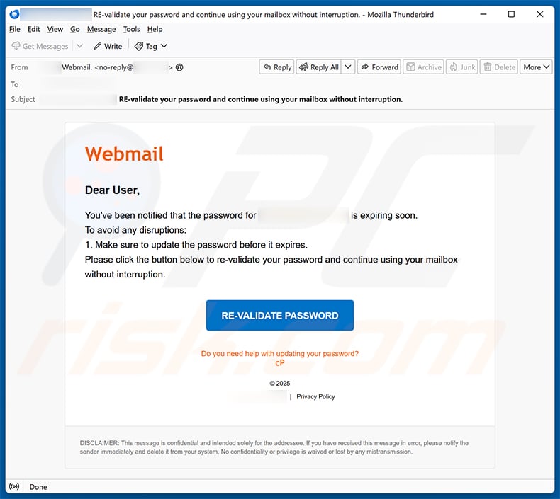 Webmail Password Validation email scam (2026-01-27)