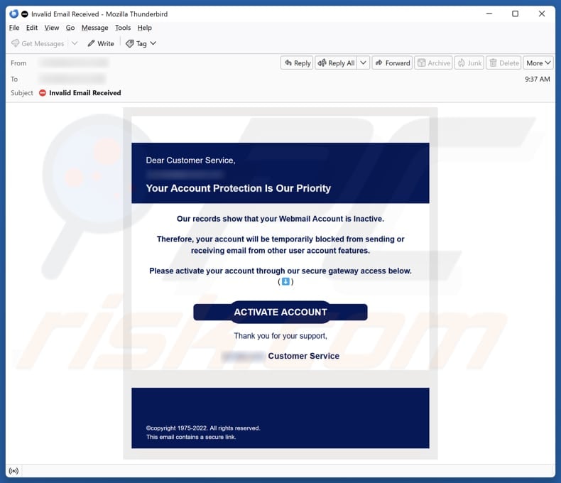 Email Account Failure Notice email spam campaign