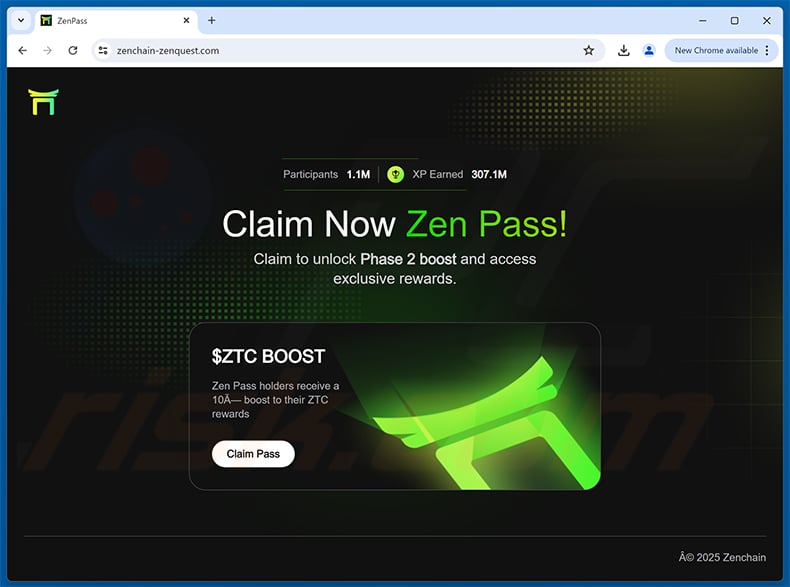 ZenChain rewards-themed drainer website (zenchain-zenquest[.]com)