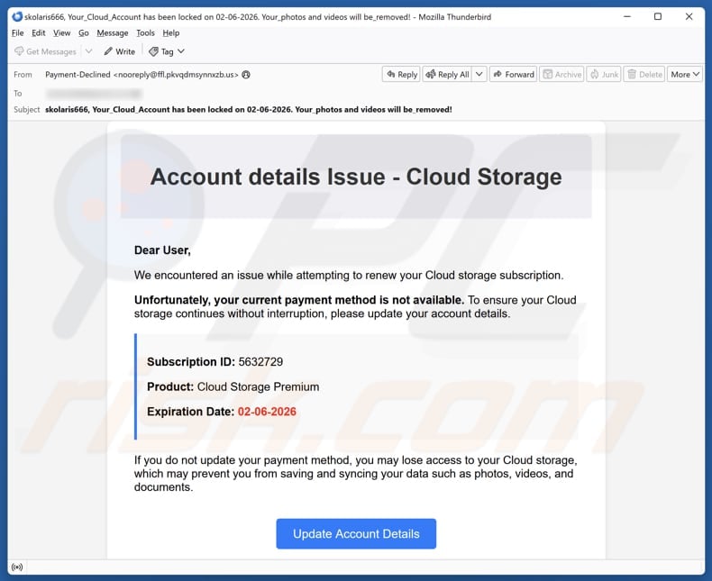 Email Account Failure Notice email spam campaign