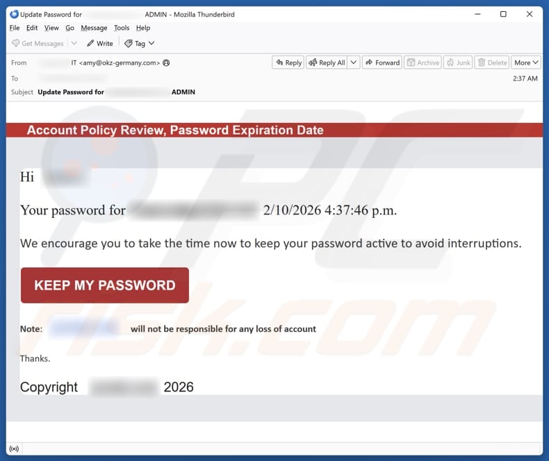 Email Account Failure Notice email spam campaign