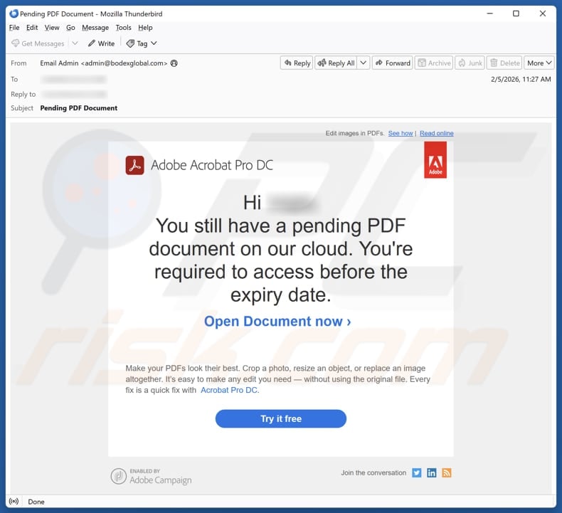 Email Account Failure Notice email spam campaign