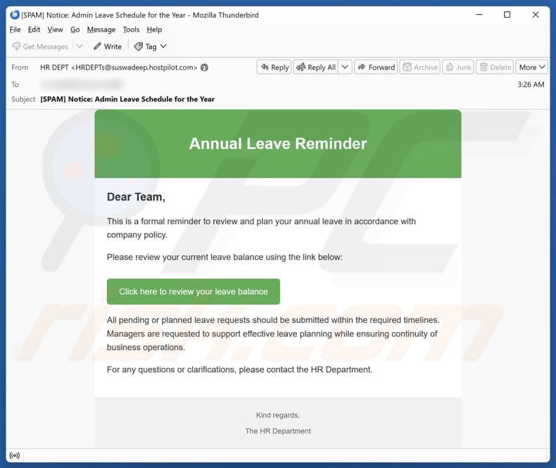 Email Account Failure Notice email spam campaign