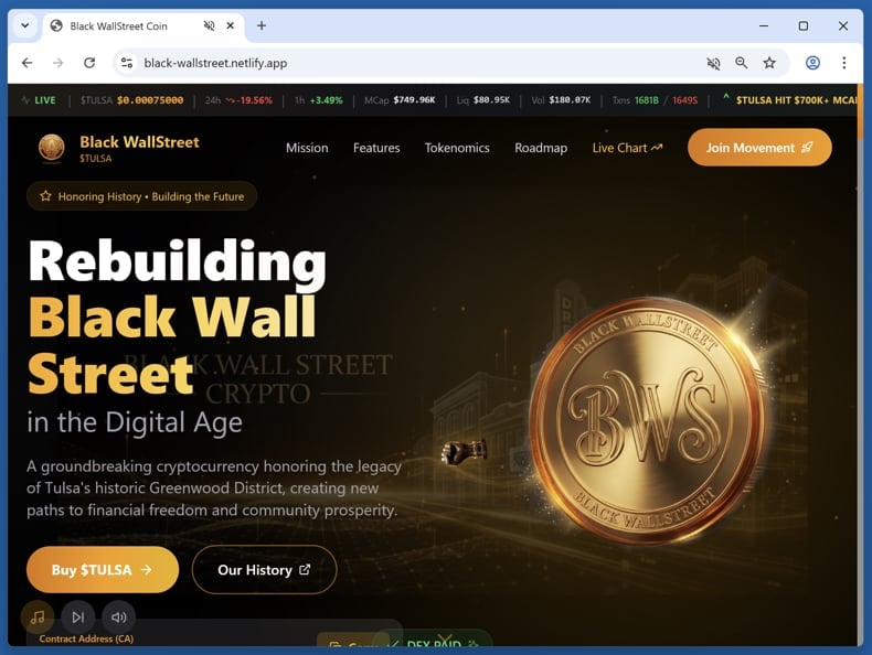 Black Wallstreet ($TULSA) Airdrop Scam real website (black-wallstreet.netlify.app)