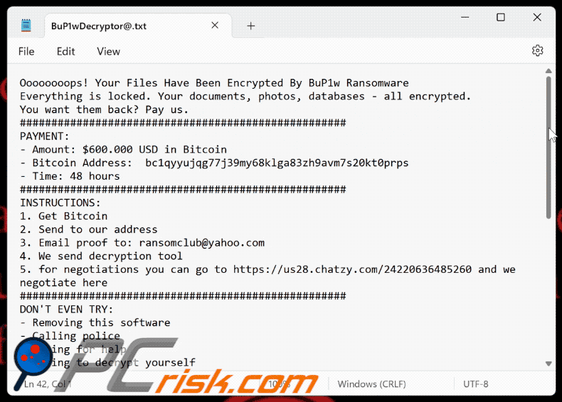 BuP1w (Ran$omClub) ransomware text file (BuP1wDecryptor@.txt)