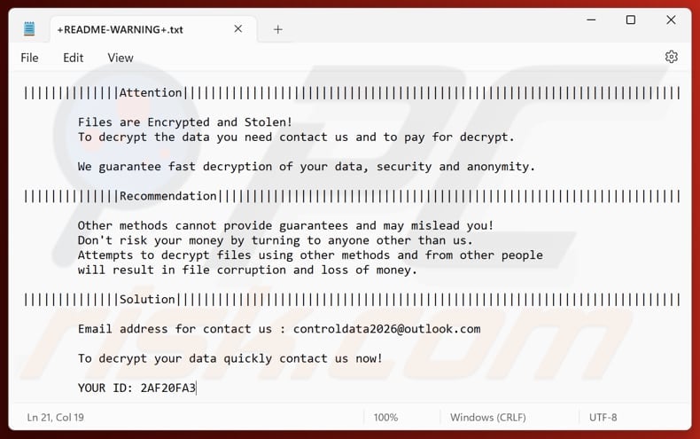 Cdd ransomware text file (+README-WARNING+.txt