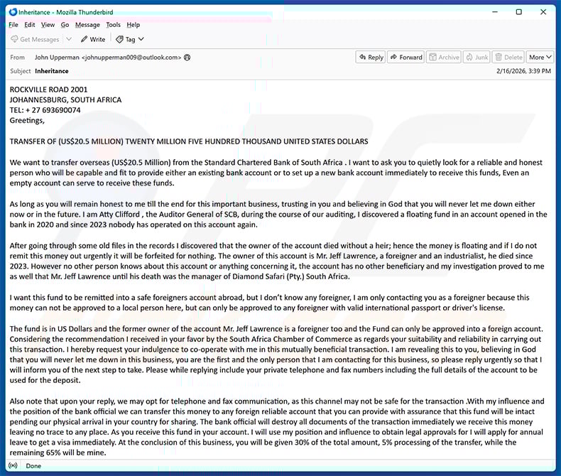 Claim Inheritance Money email scam (2026-02-18 - sample 1)