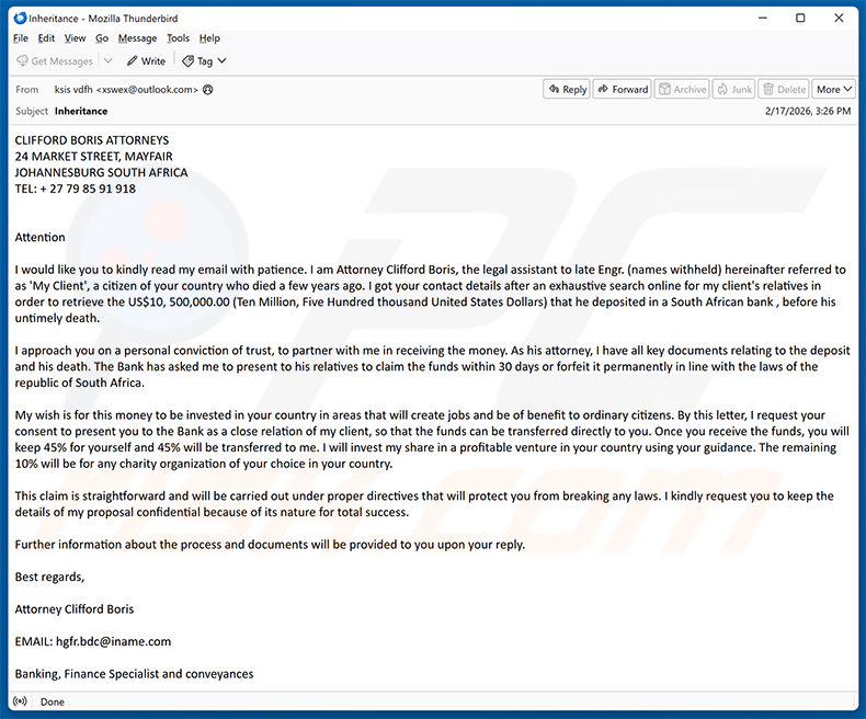 Claim Inheritance Money email scam (2026-02-18 - sample 2)