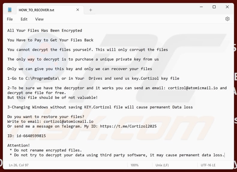 Cortizol ransomware text file (HOW_TO_RECOVER.txt)