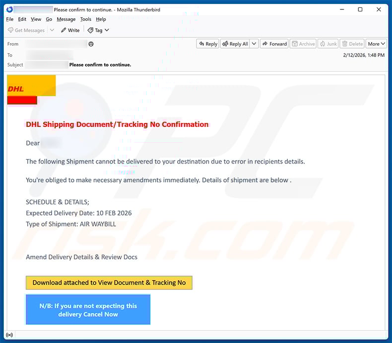 DHL Package Tracking Confirmation email scam (2026-02-13)