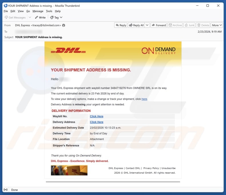 DHL - Shipment Address Is Missing Email Scam