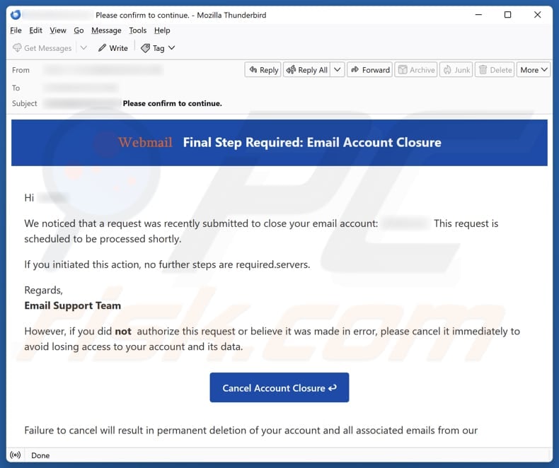 Email Account Failure Notice email spam campaign