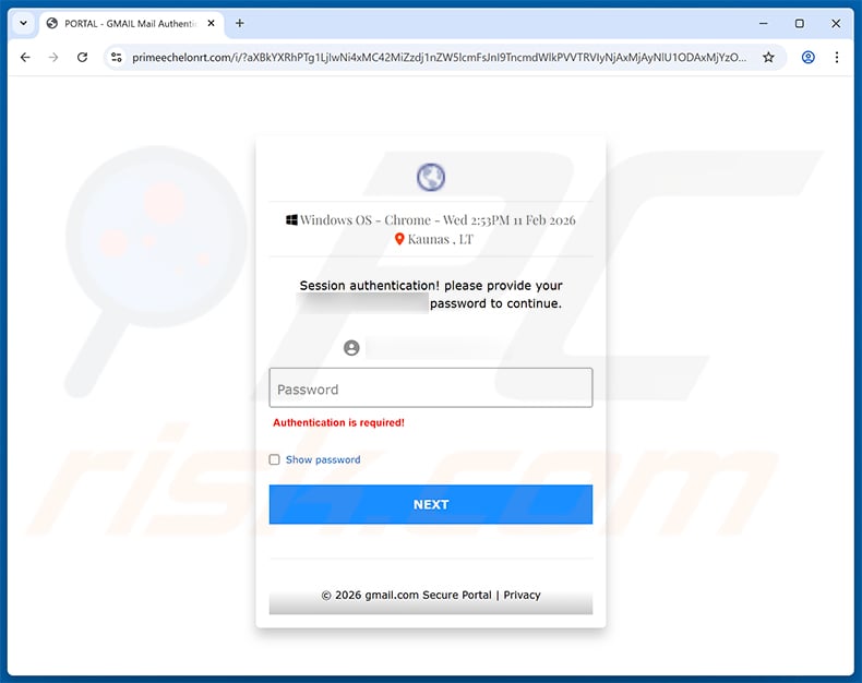 Phishing site promoted via Email Server Notification scam (2026-02-11)