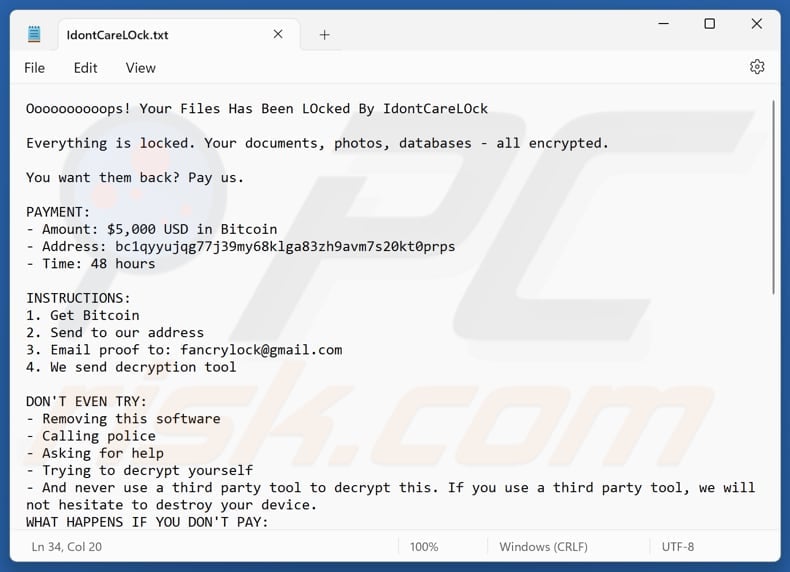 IdontCareLOck ransomware text file (IdontCareLOck.txt)