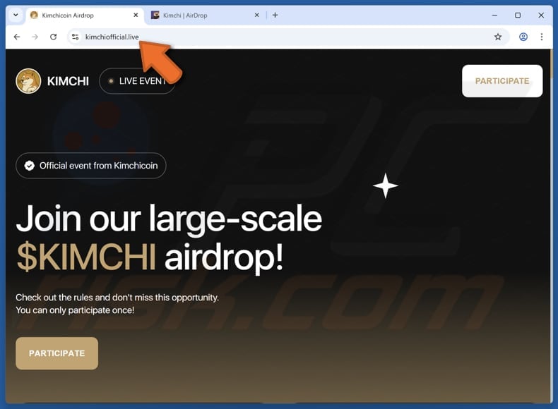 KIMCHI Airdrop Scam second site (kimchiofficial.live)