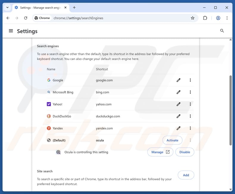 Removing locate.oculabase.com from Google Chrome default search engine
