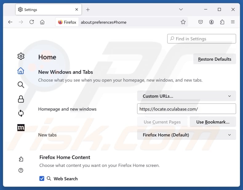 Removing locate.oculabase.com from Mozilla Firefox homepage