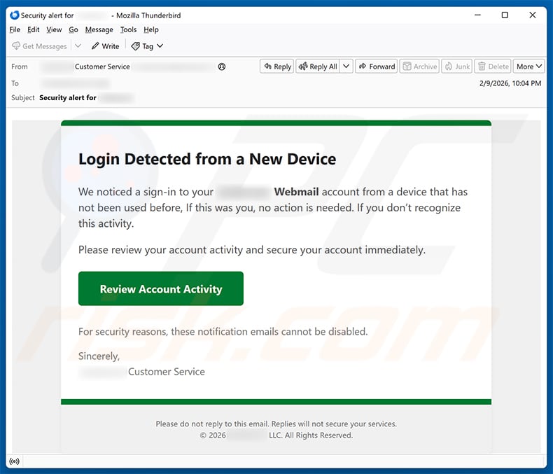 Login From A New Device email scam (2026-02-11)