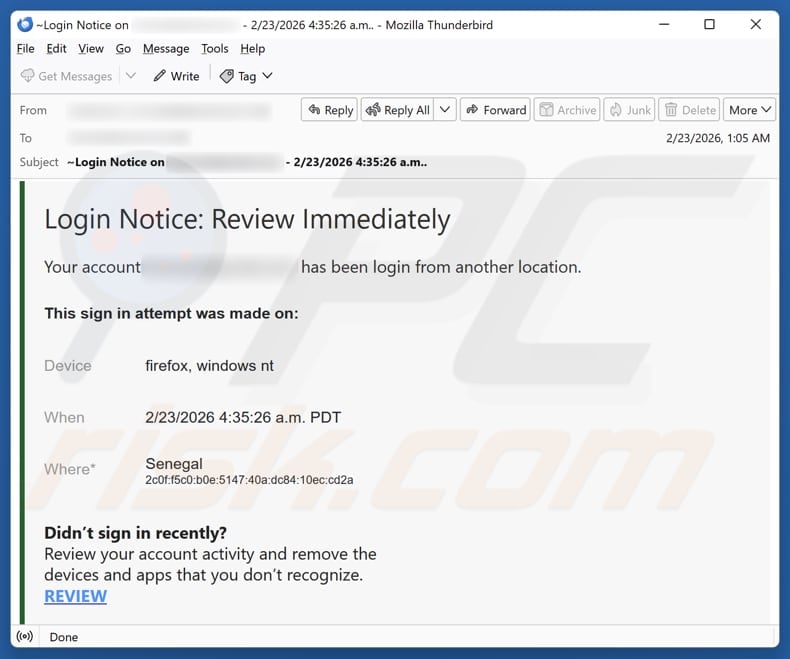 Login Notice: Review Immediately email spam campaign