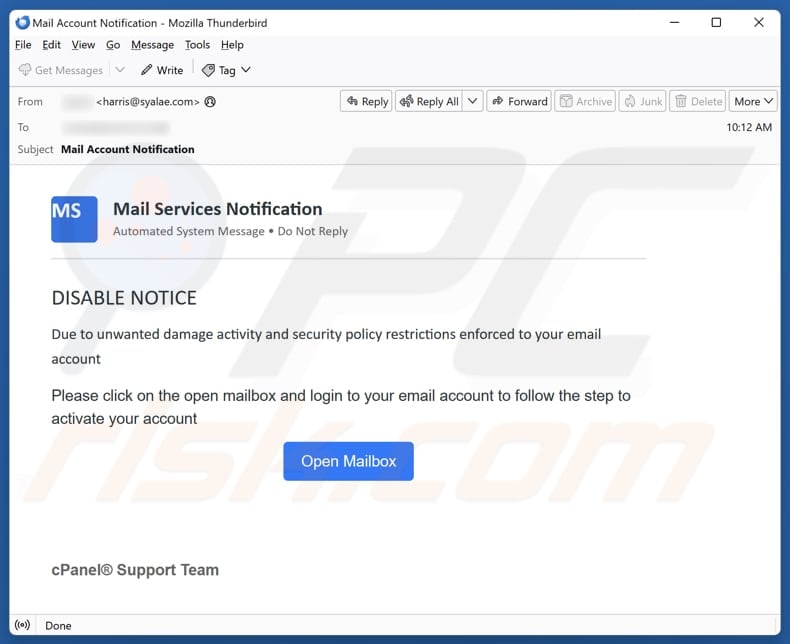 Email Account Failure Notice email spam campaign