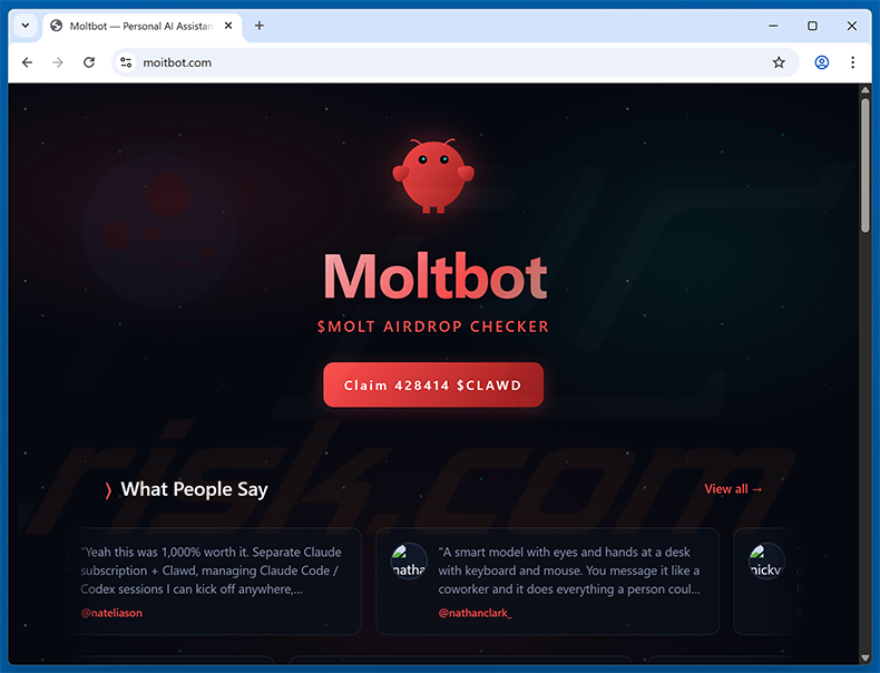 moltbot ($MOLTY) airdrop scam website (moitbot[.]com)