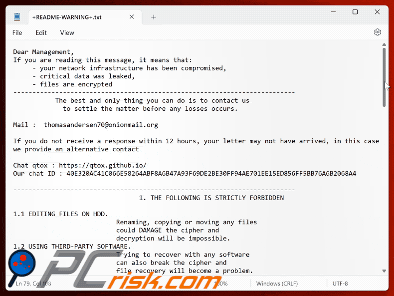 Ndm448 Ransomware ransom note appearance (+README-WARNING+.txt)