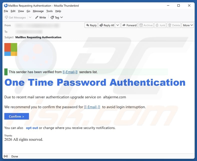 One Time Password Authentication email spam campaign