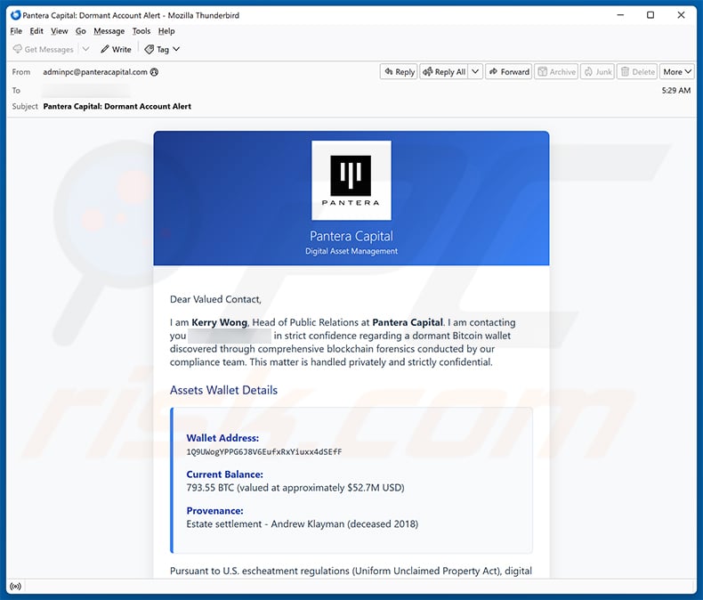 Pantera Capital - Estate Recovery email scam (2026-02-18)