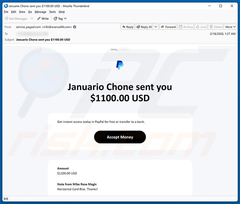 PayPal - Money Received email scam (2026-02-19)