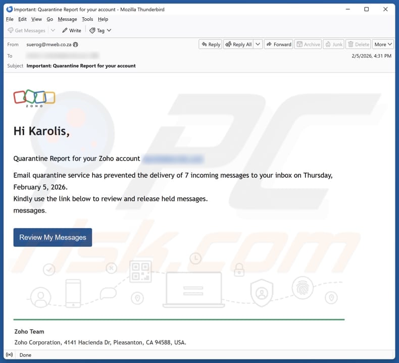 Quarantine Report For Your Zoho Account email spam campaign