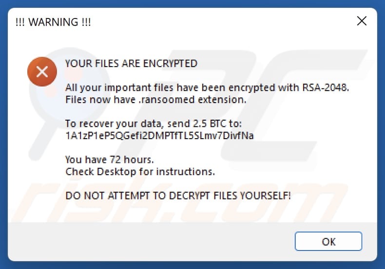 Ransoomed Ransomware error pop-up (second ransom note)