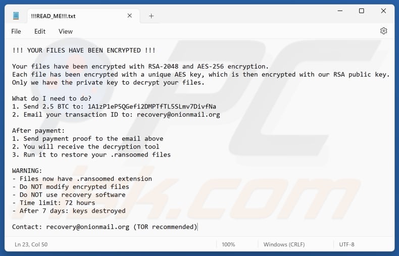 Ransoomed ransomware text file (!!!READ_ME!!!.txt)
