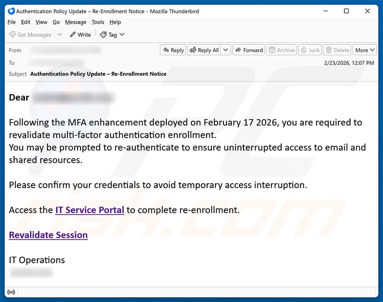 Revalidate Multi-Factor Authentication email scam (sample 2)