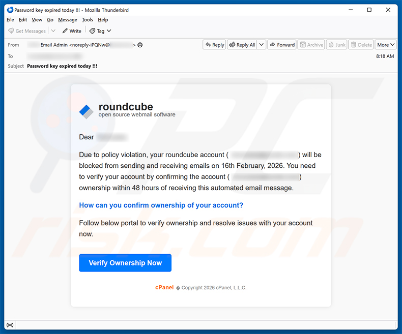 Your Roundcube Account Will Be Blocked Email Scam