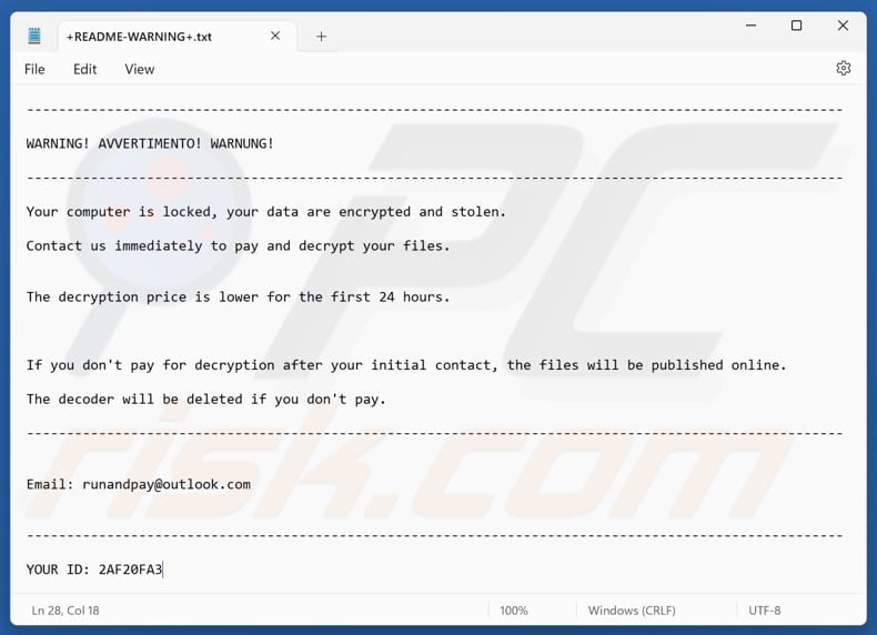 Run ransomware text file (+README-WARNING+.txt)