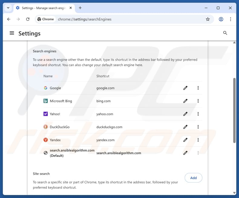 Removing search.ansiblealgorithm.com from Google Chrome default search engine