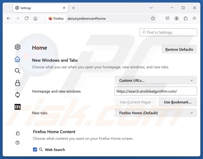 Removing search.ansiblealgorithm.com from Mozilla Firefox homepage