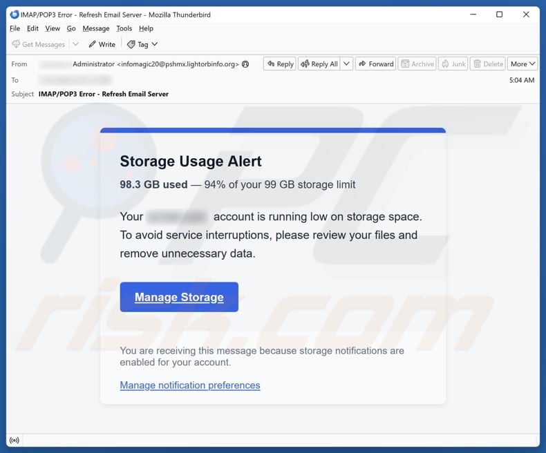 Email Account Failure Notice email spam campaign